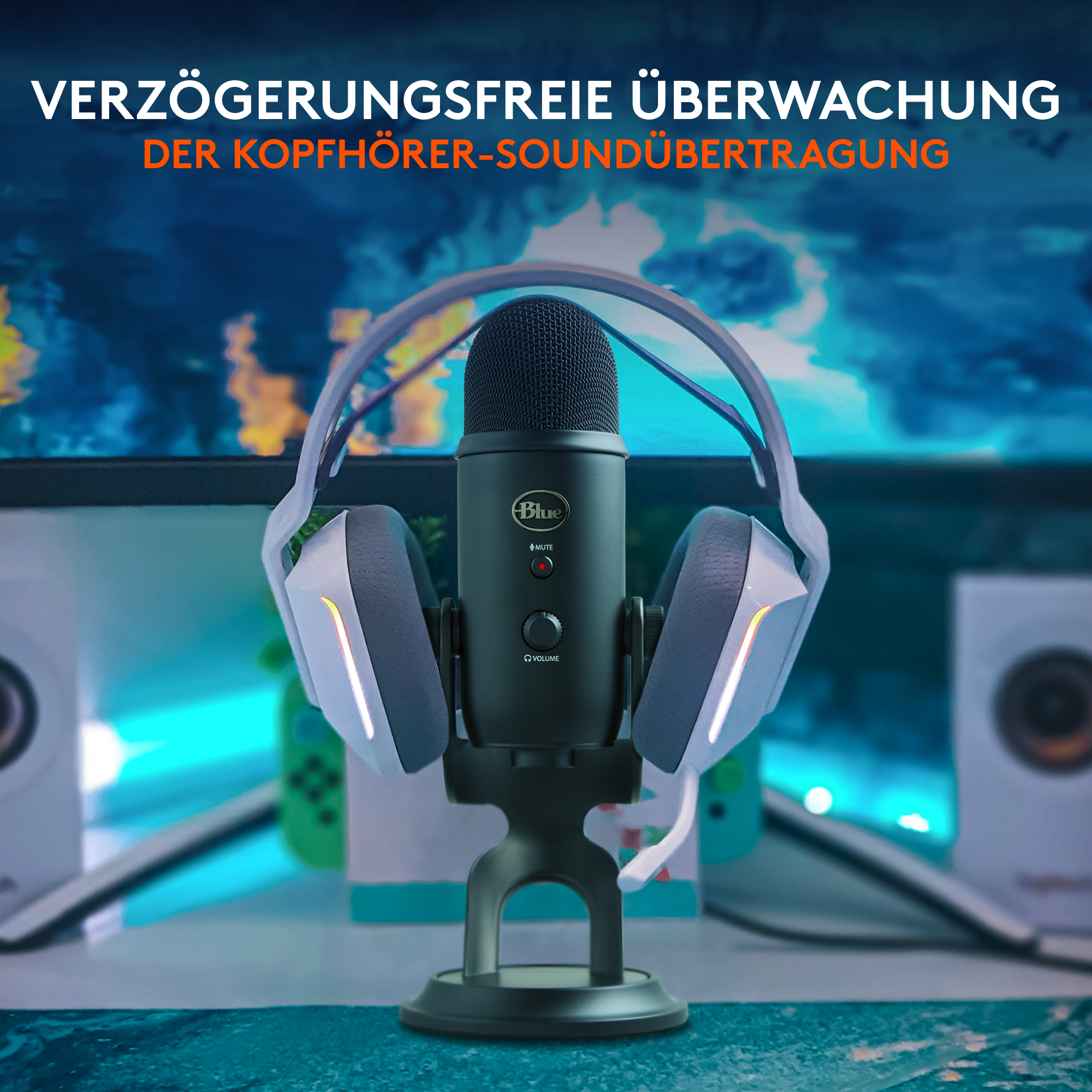 Blaues Yeti-Mikrofon mit Kopfhörern. Text: VERZÖGERUNGSFREIE ÜBERWACHUNG DER KOPFHÖRER-SOUNDÜBERTRAGUNG