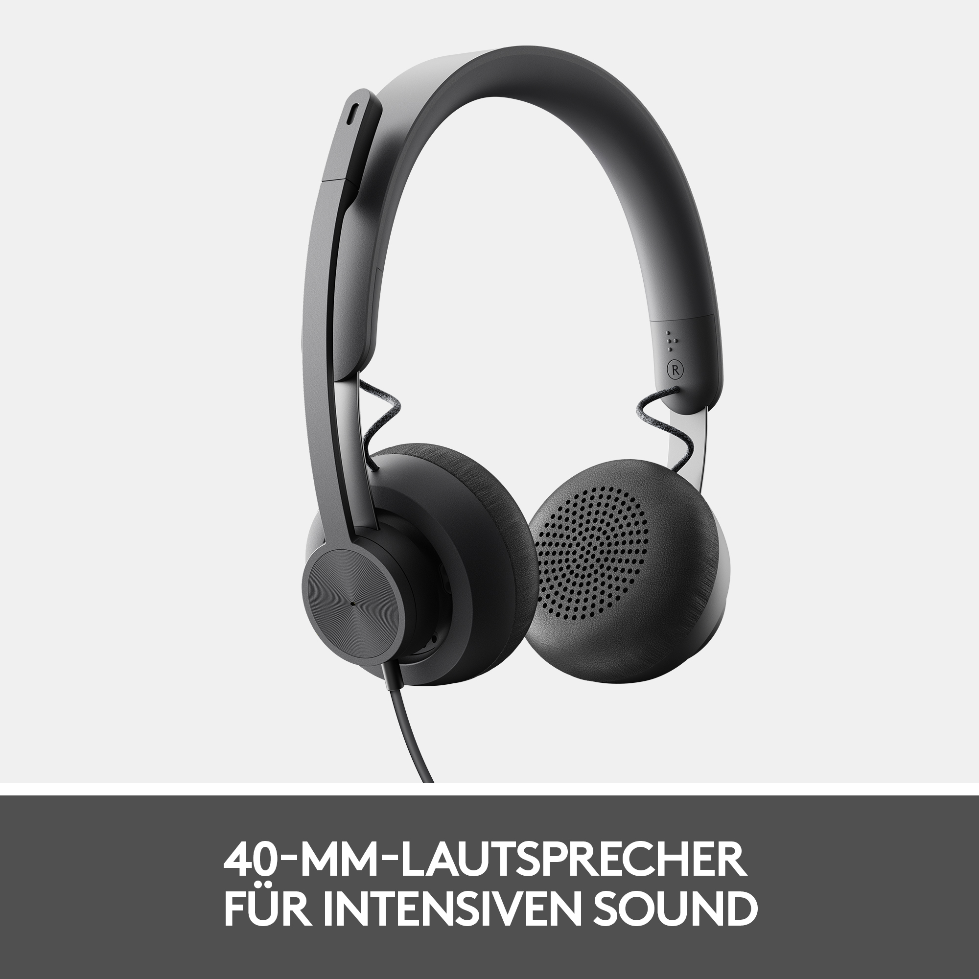 Schwarze Kopfhörer mit Kabel, der Text 40-MM-LAUTSPRECHER FÜR INTENSIVEN SOUND.