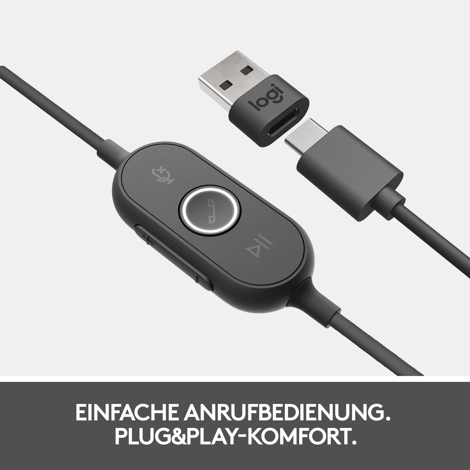 Schwarzes Logitech USB-Headset-Kabel mit Inline-Bedienelementen und USB-C-Anschluss.