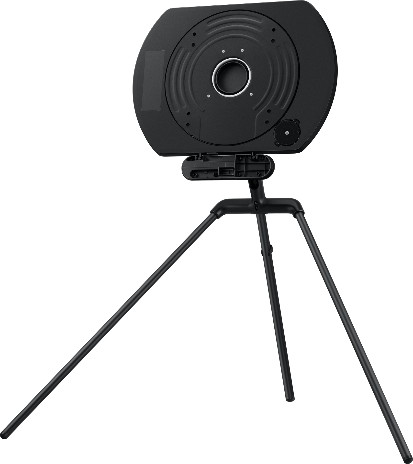 Schwarze 360-Grad-Kamera auf einem Stativ, die Kamera ist auf einem Ständer montiert.