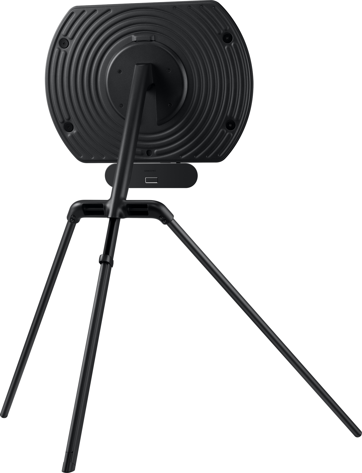 Die Rückseite eines schwarzen Samsung-Lautsprechers mit Stativ. Der Lautsprecher hat ein kreisförmiges Design.