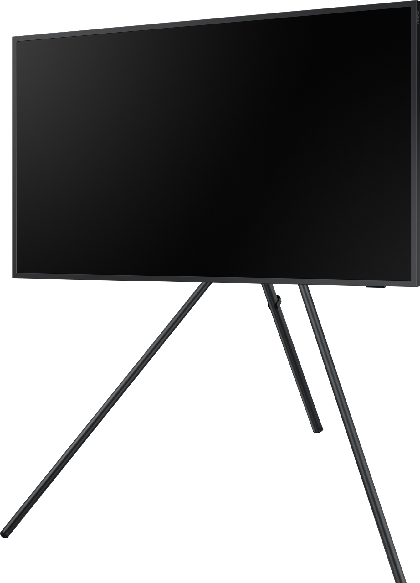 Schwarzer Fernseher auf einem Stativständer. Der Bildschirm ist aus, mit schwarzem Hintergrund.