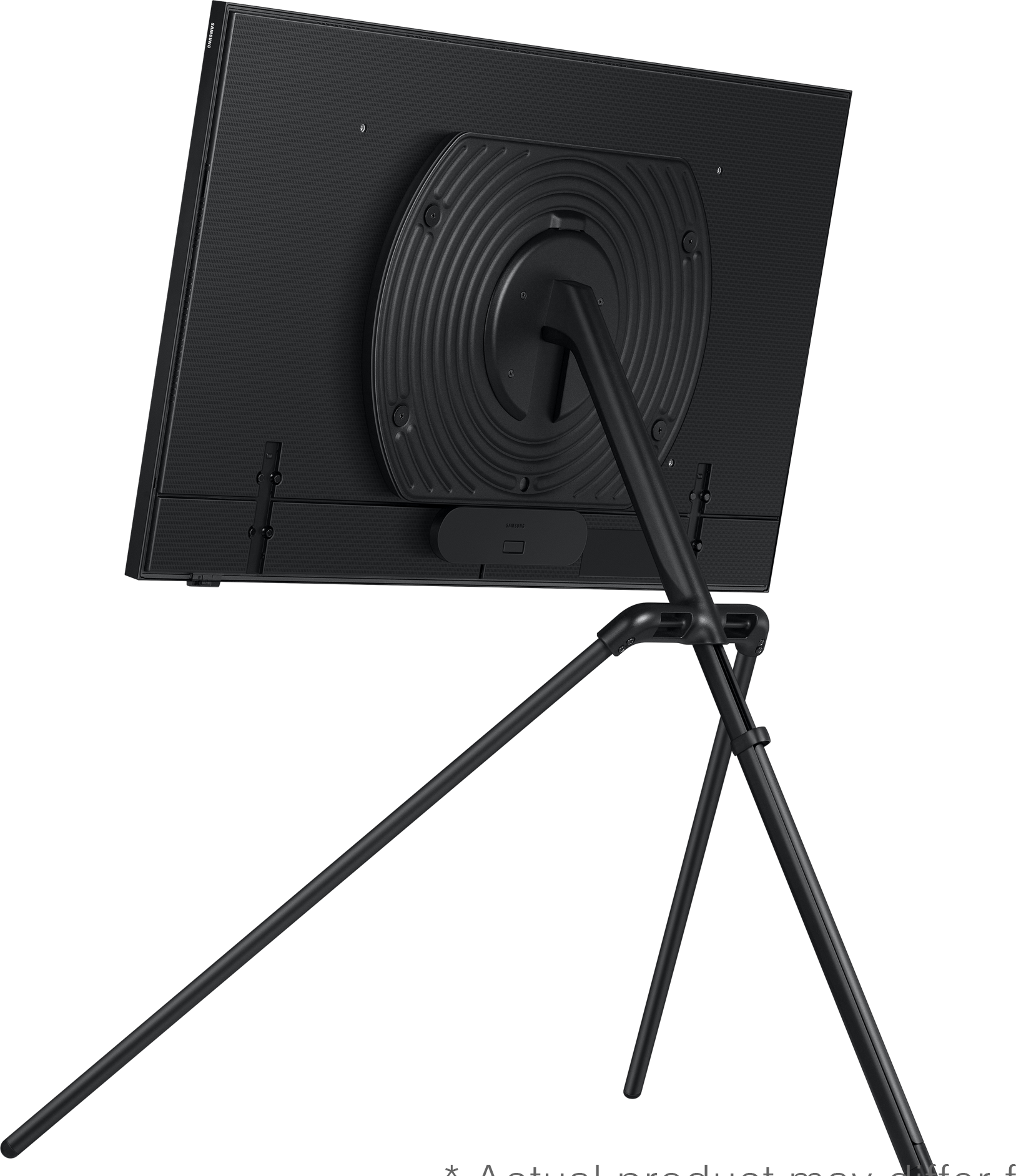 Rückansicht eines schwarzen Fernsehers auf einem Stativ. Der Ständer hat ein einzigartiges Design.