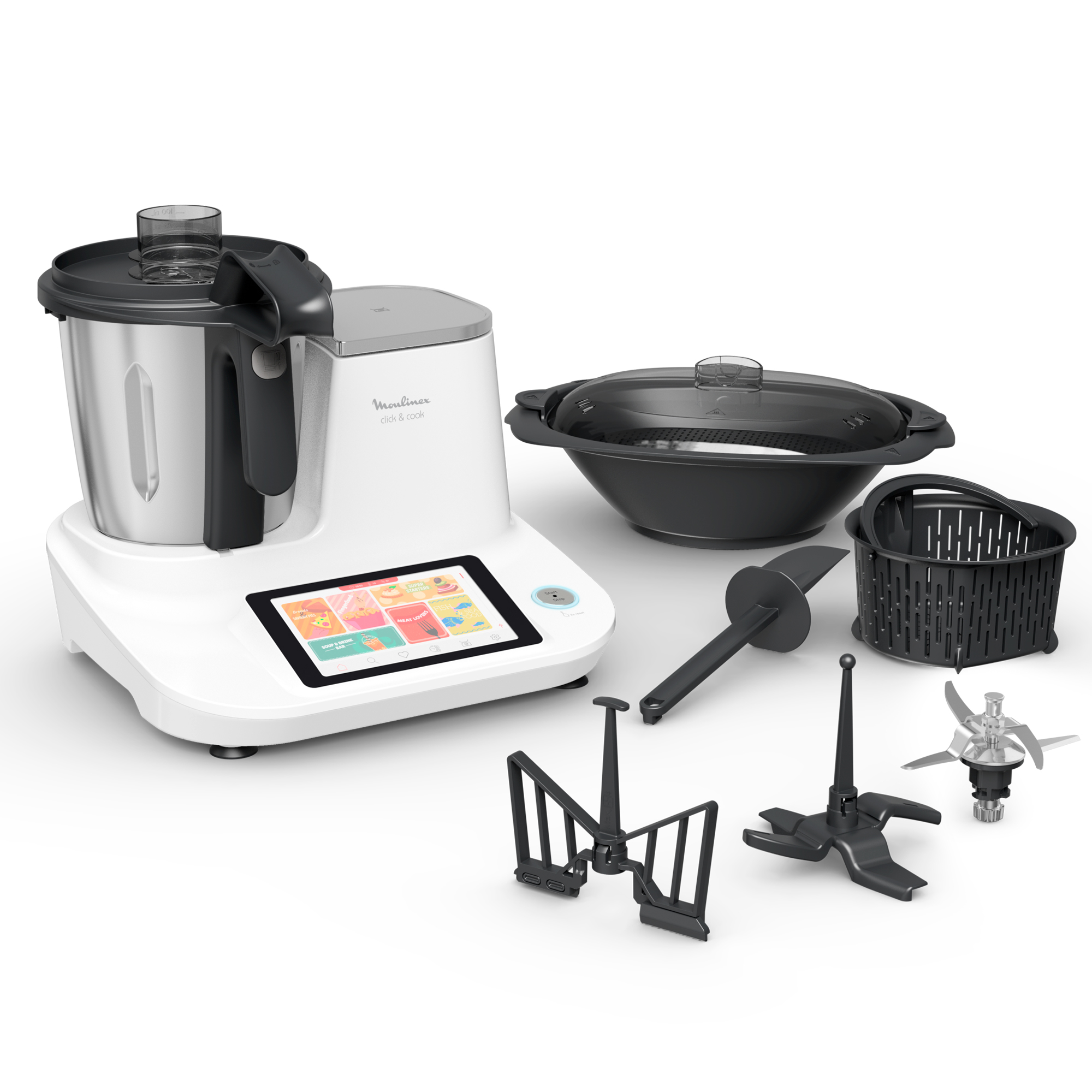 Un robot de cocina Moulinex Cook & Cook blanco con varios accesorios.