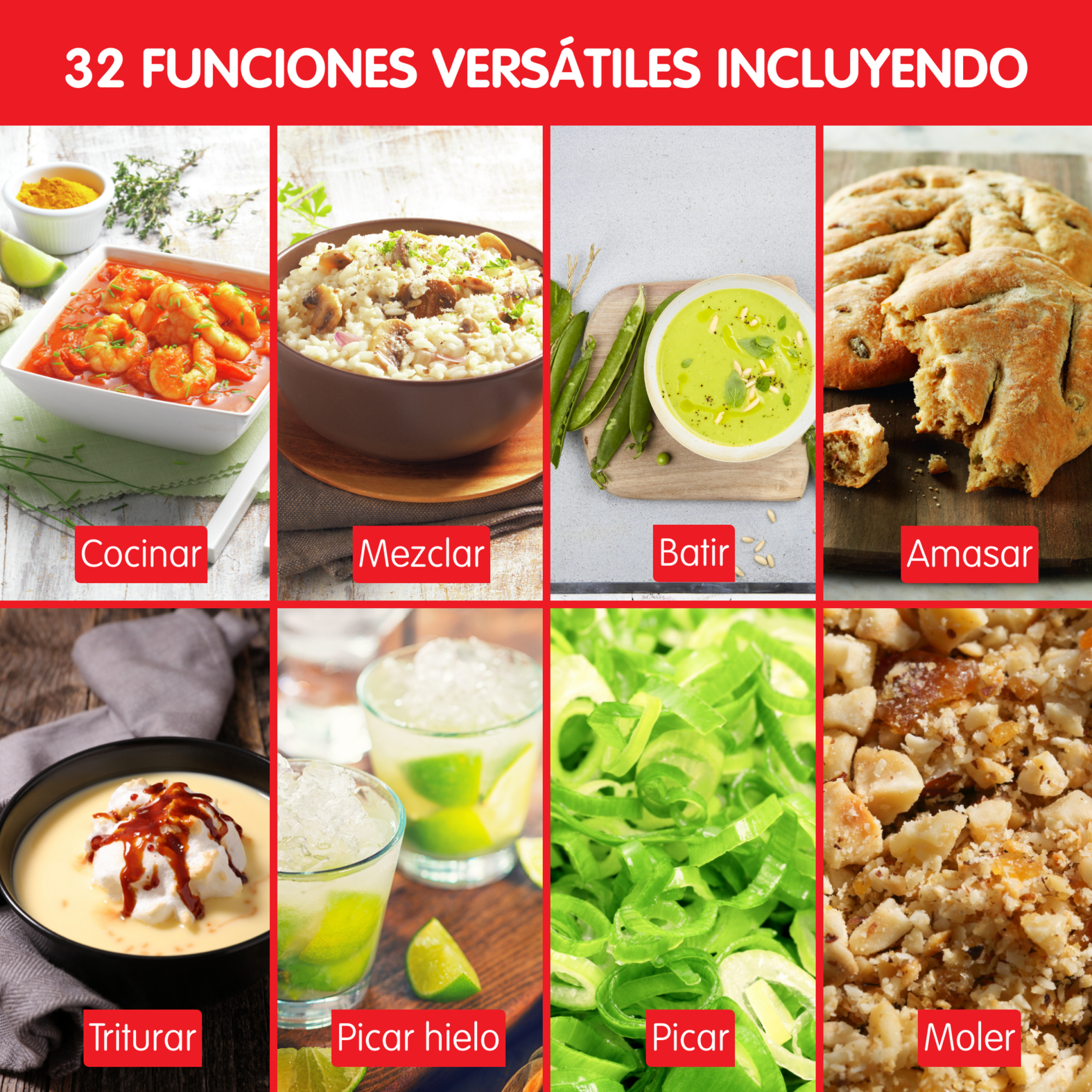 Collage de preparación de alimentos que muestra varios métodos de cocción como cocinar, mezclar, etc.
