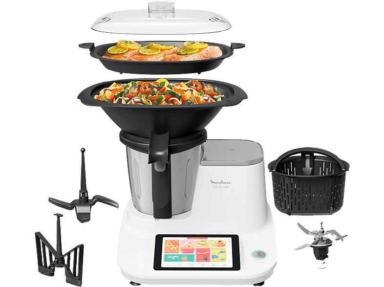 Robot de cocina - Moulinex Click &Cook HF5061, 1400 W, 3.6 l, 32 Funciones, 10 Programas, Báscula, Blanco