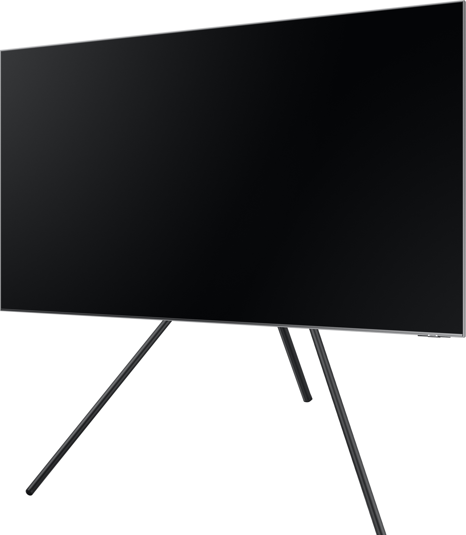 Ein schwarzer Fernseher auf einem schwarzen Stativständer, der einen dunklen Bildschirm zeigt.