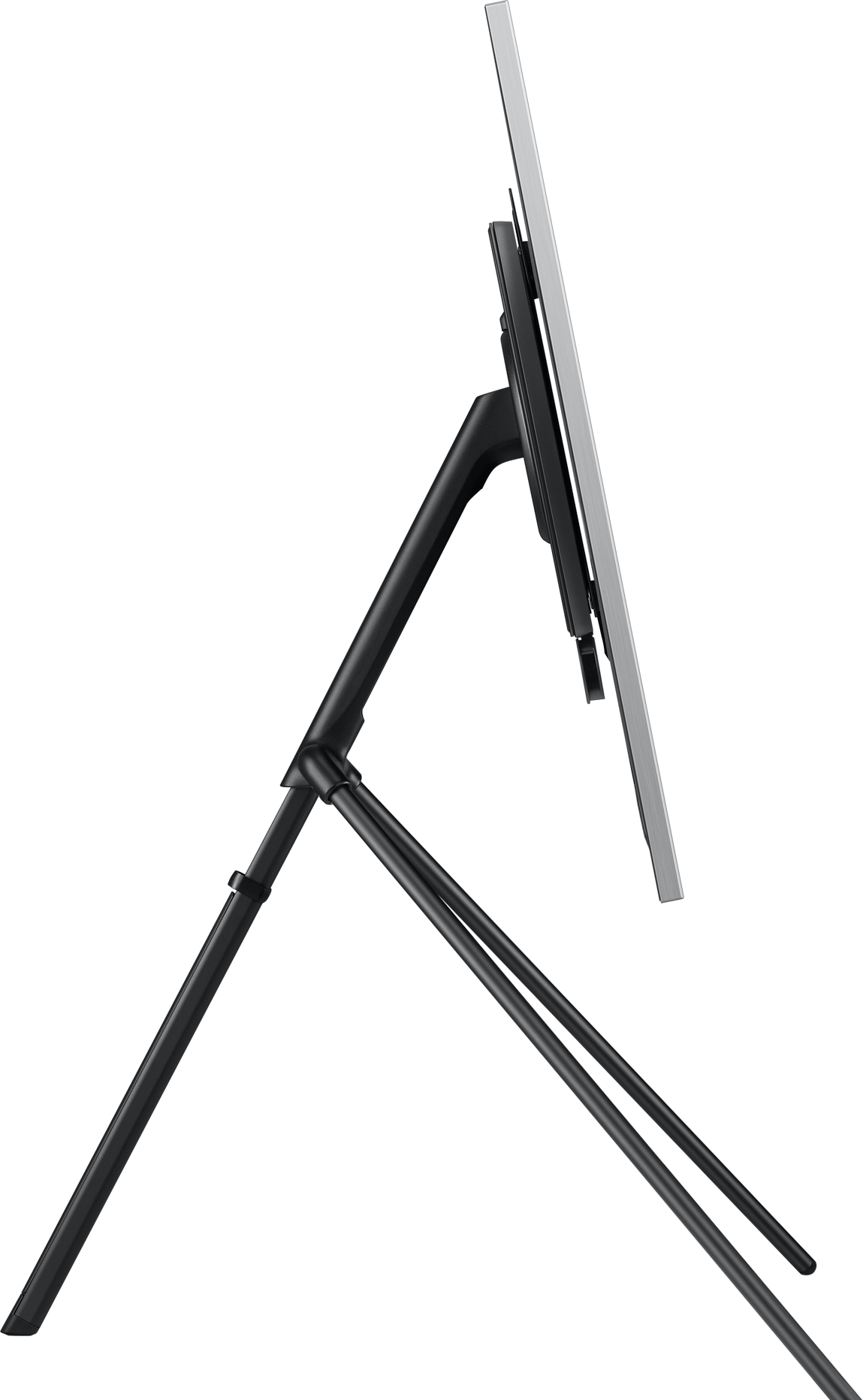 Schwarzer Samsung Staffelei-TV-Ständer mit grauem Bildschirm.