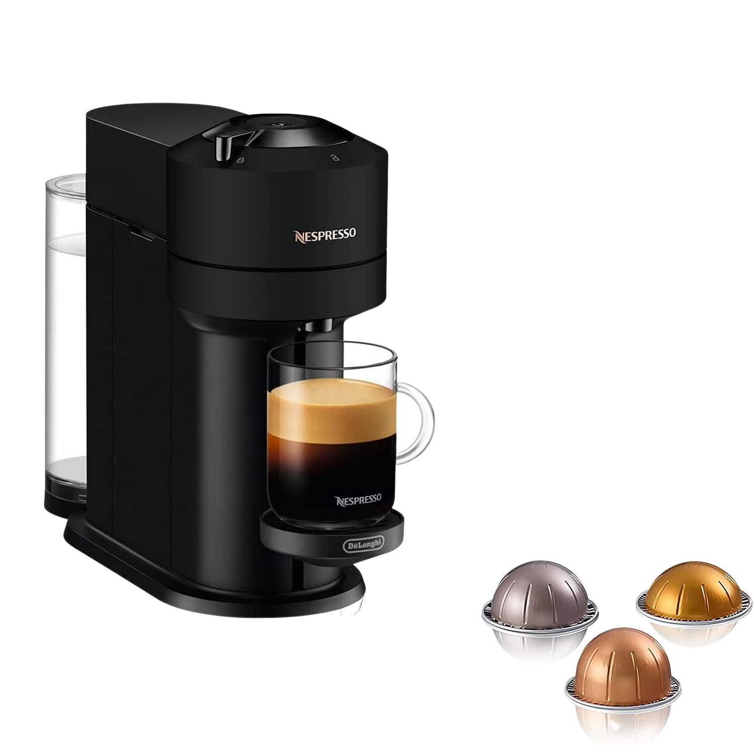 Cafetera Nespresso negra con depósito de agua transparente y taza de cristal con café.