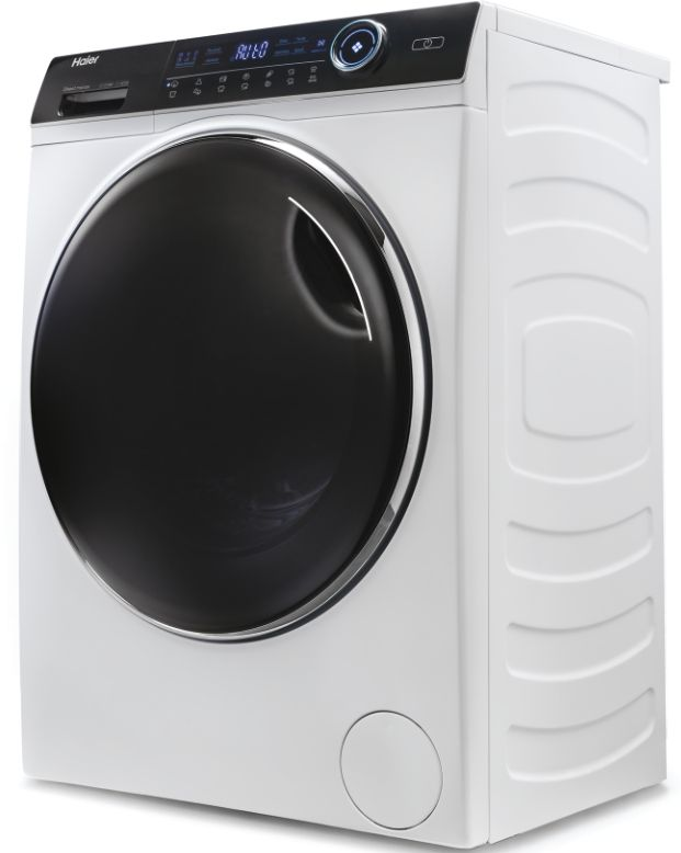 Weiße Haier Waschmaschine, schwarze Tür, Seitenansicht.