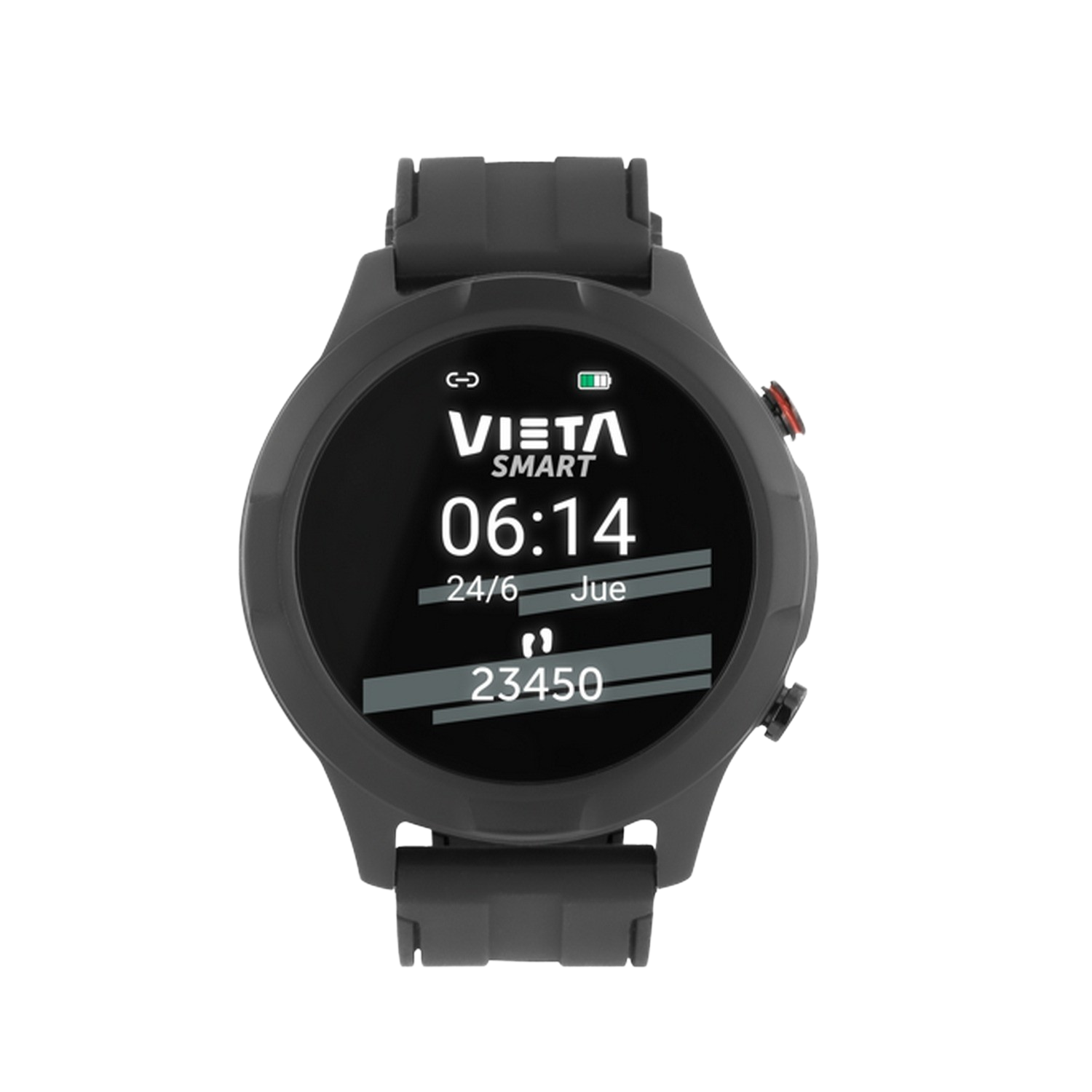 Reloj inteligente sobre fondo negro. Esfera negra que muestra la hora, la fecha y los pasos.
