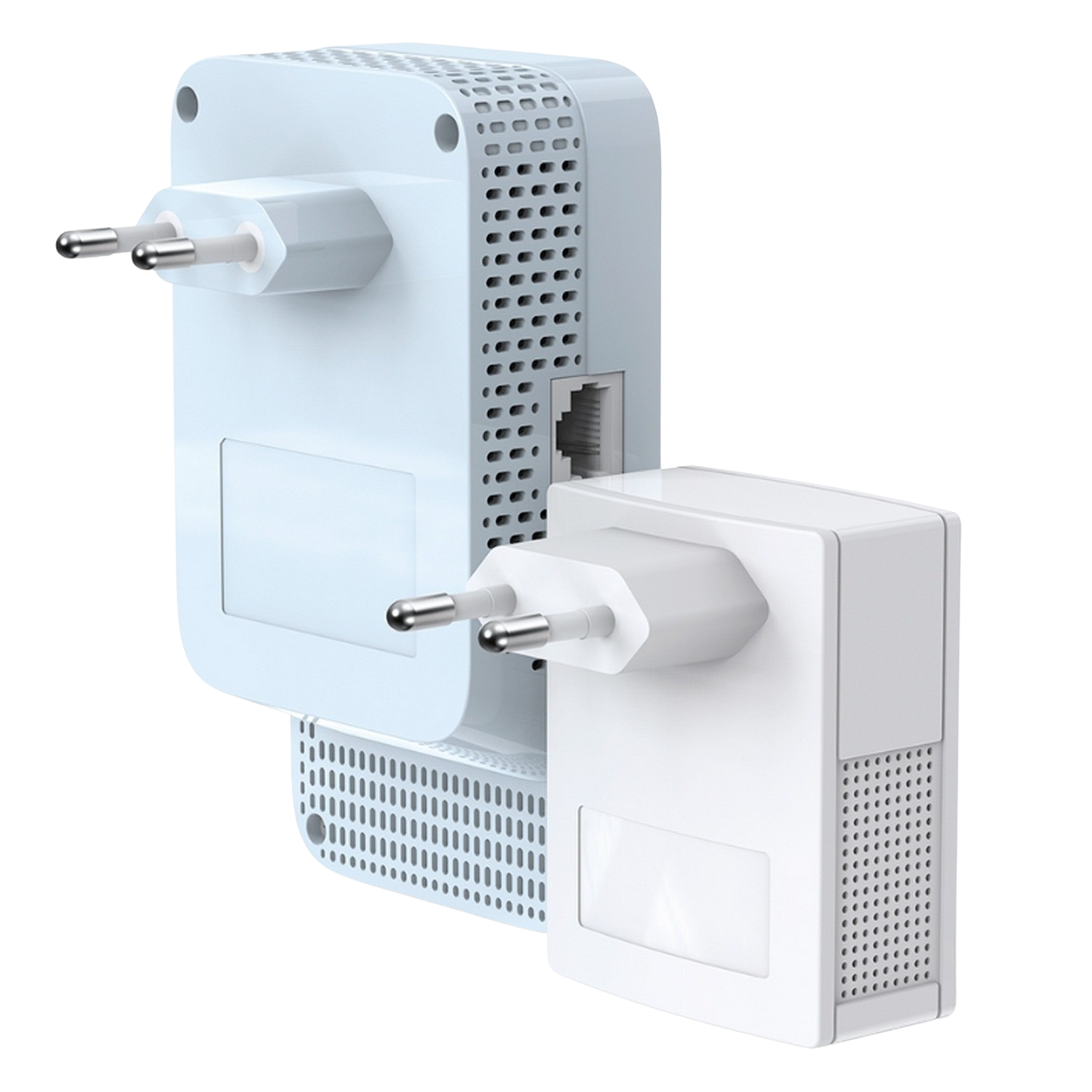 Dos adaptadores de línea eléctrica blancos sobre un fondo blanco. Uno está enchufado a la pared, el otro al lado.