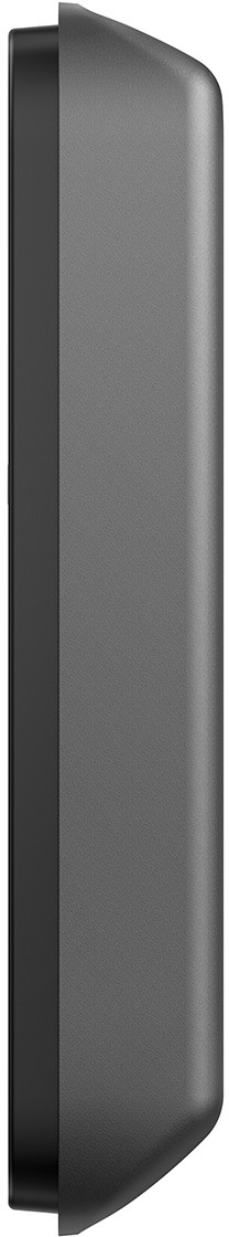 Side view of a black, rectangular device with a smooth surface.