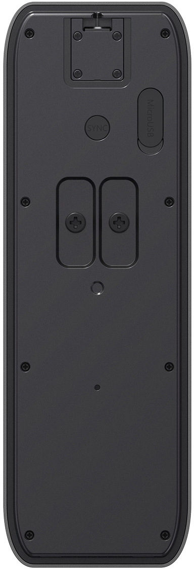 Back of a black remote control with two buttons and a sync button. MicroSD slot is visible.