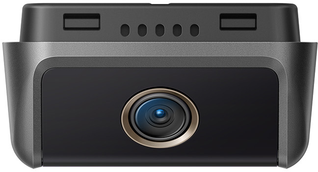 A black dashcam with a camera lens and small indicator lights. The top is dark gray.