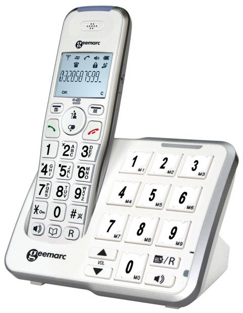 Téléphone sans fil blanc avec gros boutons. Base avec boutons et grand écran.
