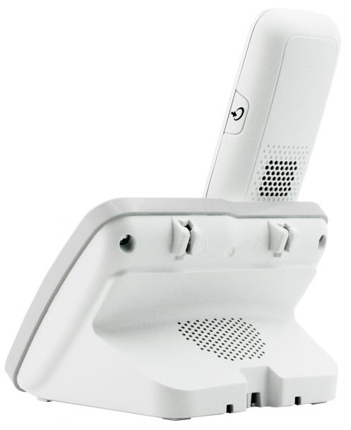 Arrière d'un téléphone fixe blanc et de sa base. Il y a des trous pour le son.