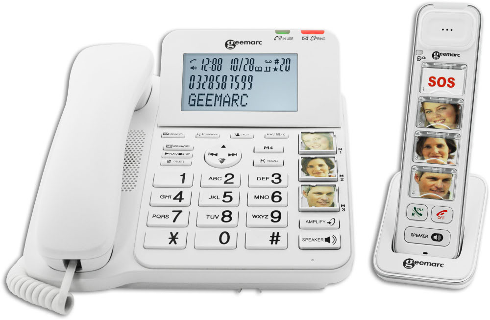 Téléphone fixe blanc avec un combiné sans fil et un écran avec l'heure, la date et les numéros de téléphone.