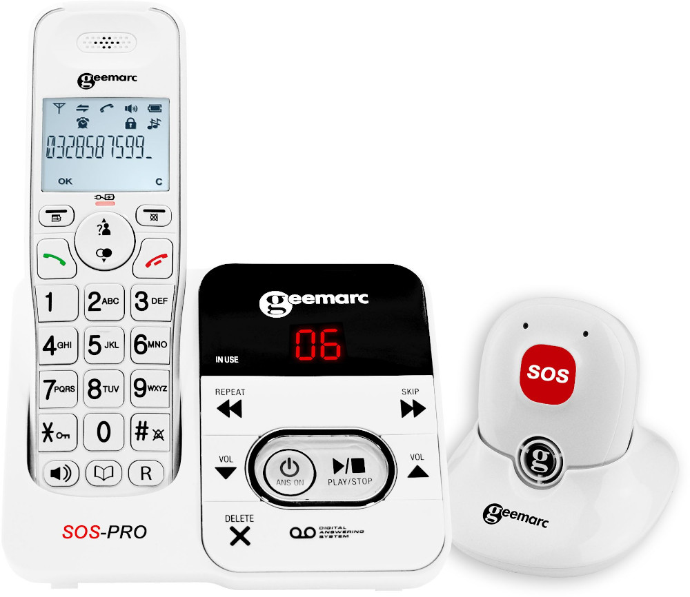 Téléphone fixe blanc, base avec boutons et une petite télécommande SOS.