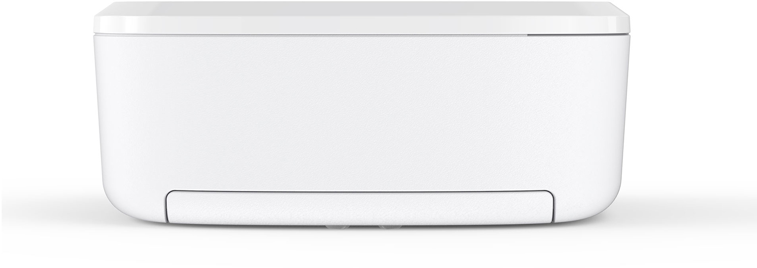 A white printer, front view, with a drawer at the bottom. The design is simple and sleek.