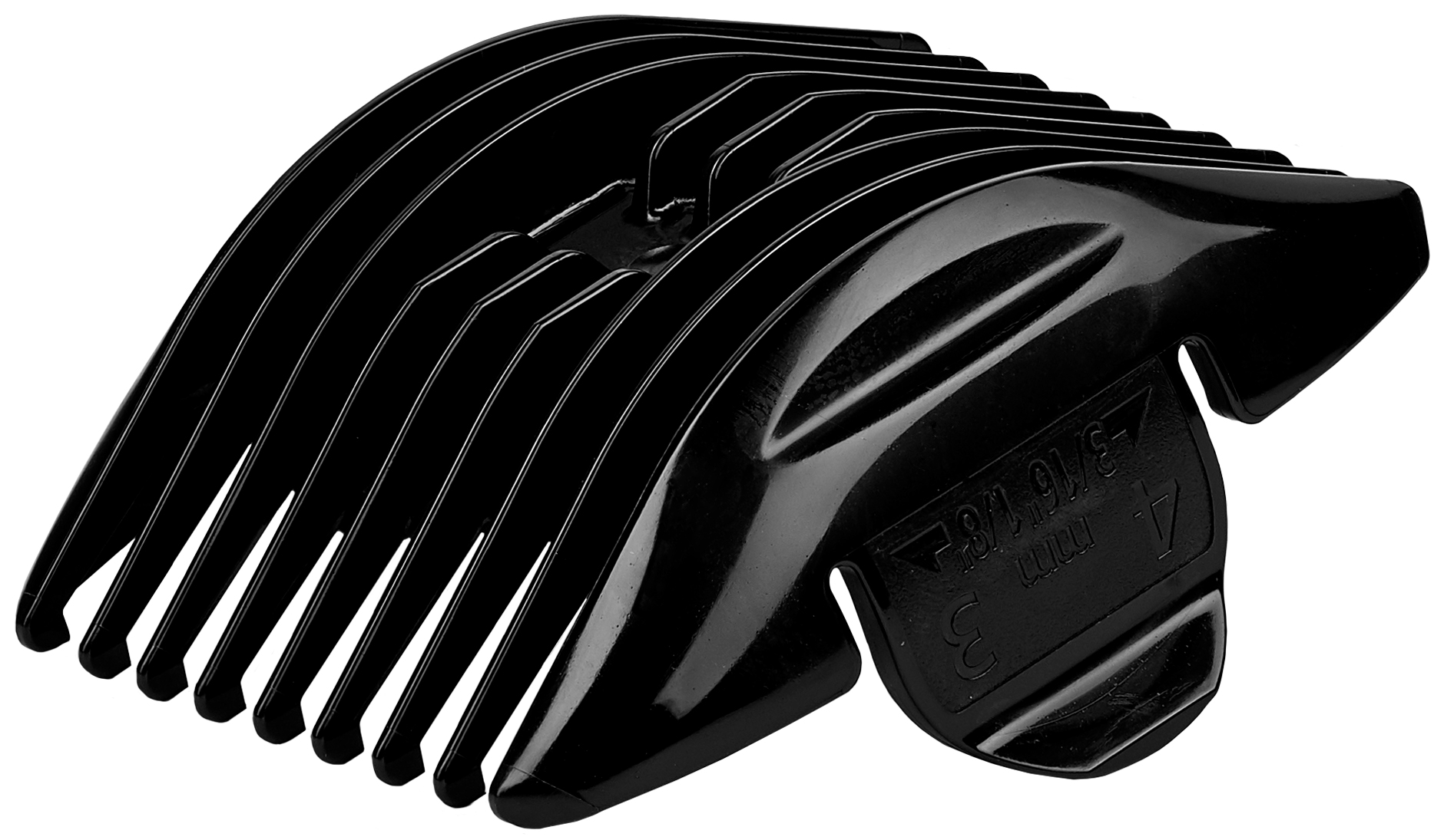 Schwarze Haarschneideaufsätze. Die Aufsätze haben gebogene Klingen mit einer 3 mm Markierung.