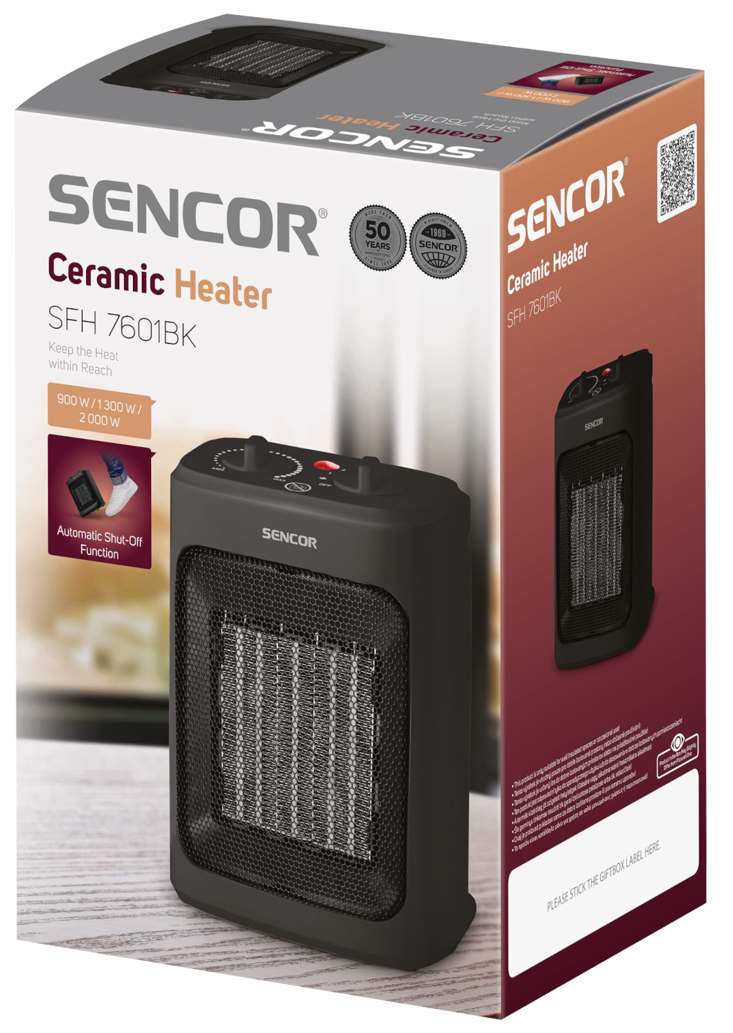 Fekete kerámia hősugárzó dobozzal. A dobozon a felirat: 'SENCOR Ceramic Heater SFH 7601BK'.