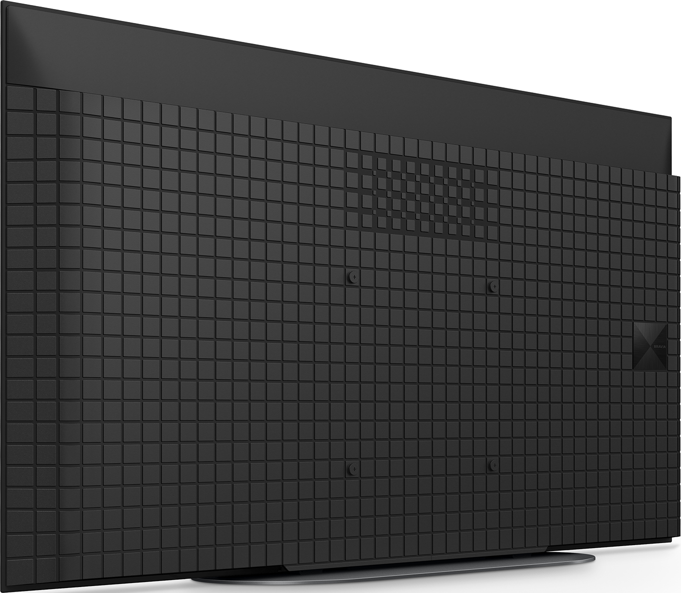 Die Rückseite eines schwarzen Fernsehers mit einem Rastermuster und einem Sony-Logo.