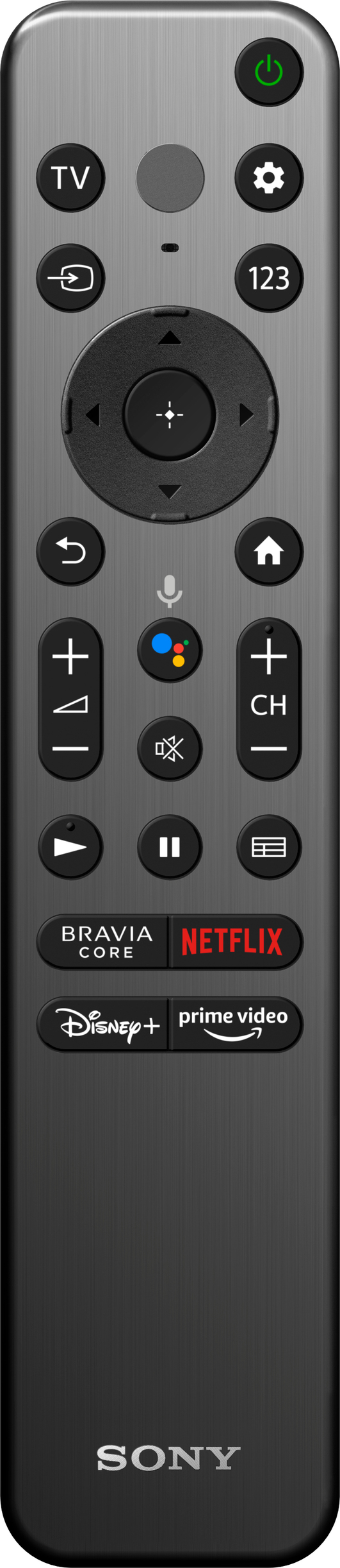 Sony TV-Fernbedienung, dunkelgrau mit Tasten. Enthält Strom-, Lautstärke- und Streaming-Tasten.