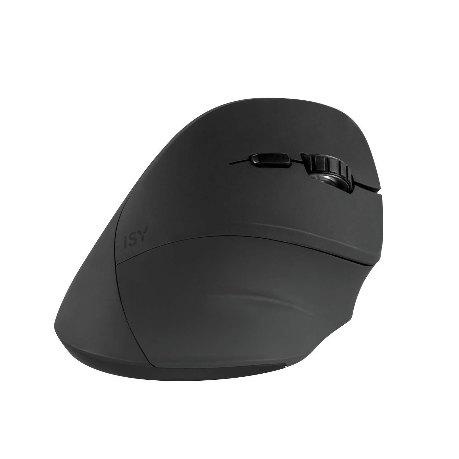 Ratón ergonómico negro, diseño en ángulo, rueda de desplazamiento, botones laterales y texto 'ISY'.