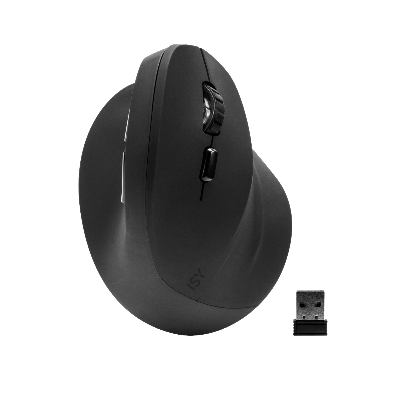 Un ratón ergonómico negro con un receptor USB.