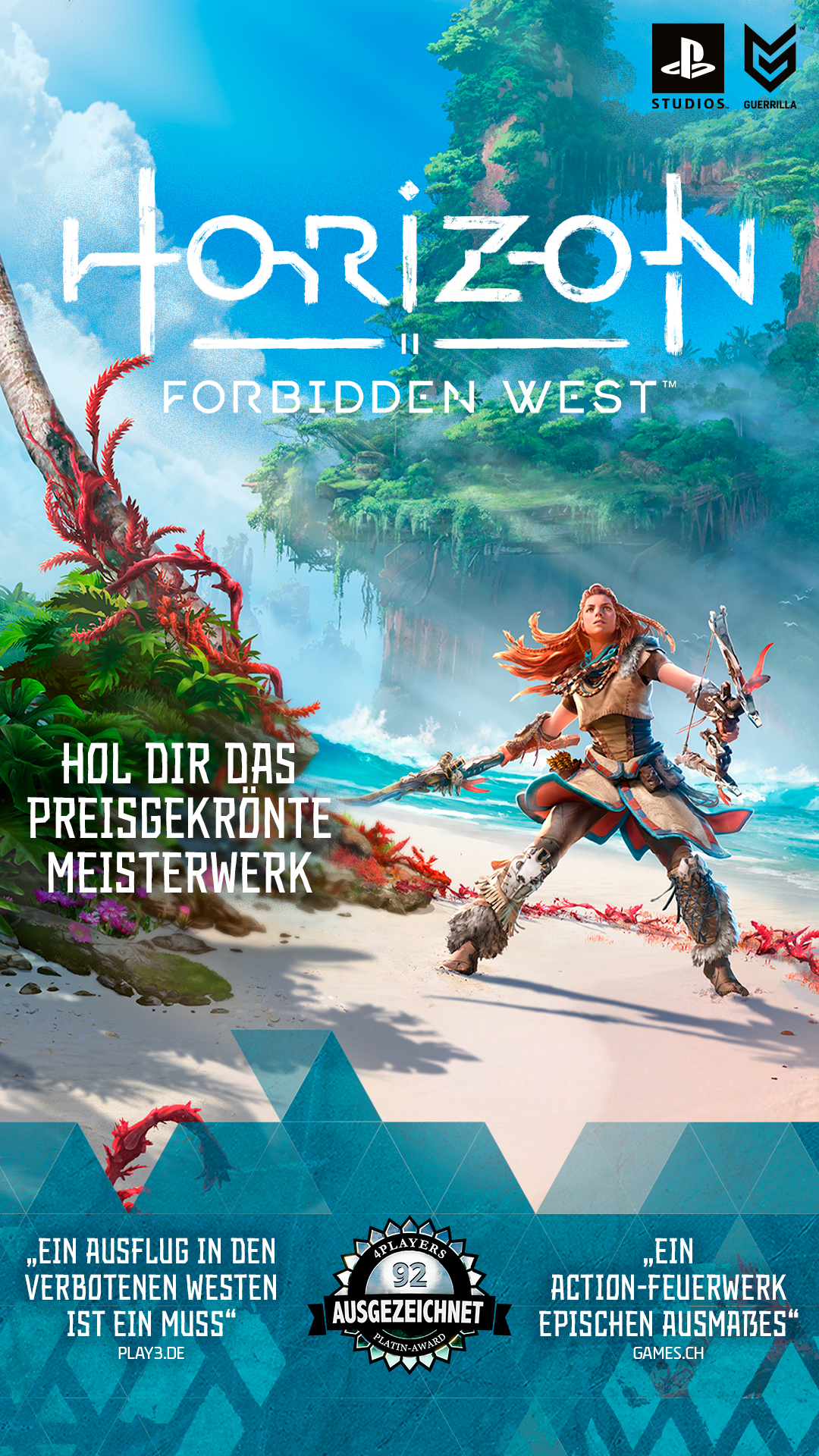 Ein Spieleposter für Horizon Forbidden West mit einer Frau, die einen Bogen hält.