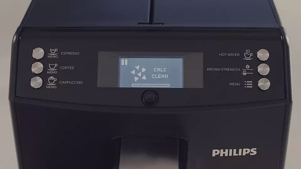 Coffee machine control panel. It displays options for espresso, coffee, cappuccino, and cleaning.