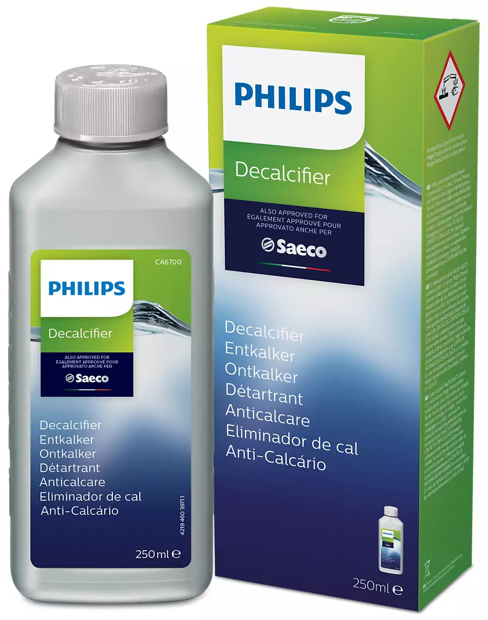 Bottle of Philips Decalcifier and its box. White bottle and green box.