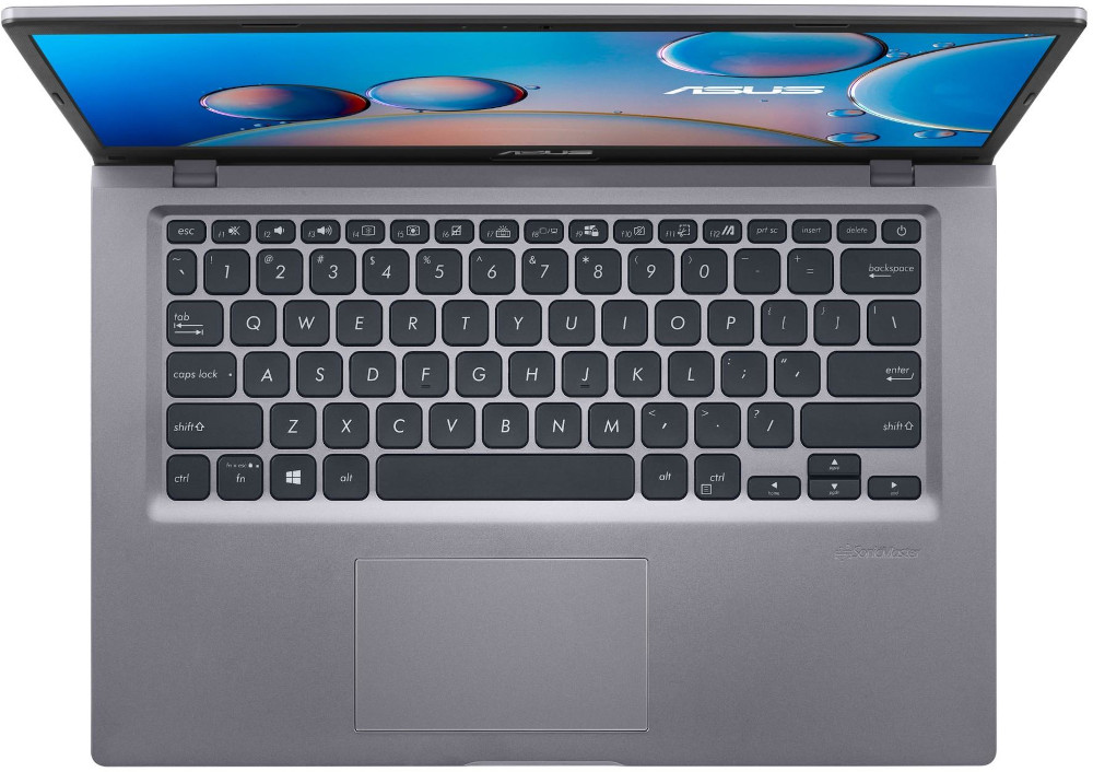 Un ordinateur portable, ouvert et vu d'en haut. Le clavier est visible avec une couleur grise et un pavé tactile en dessous.