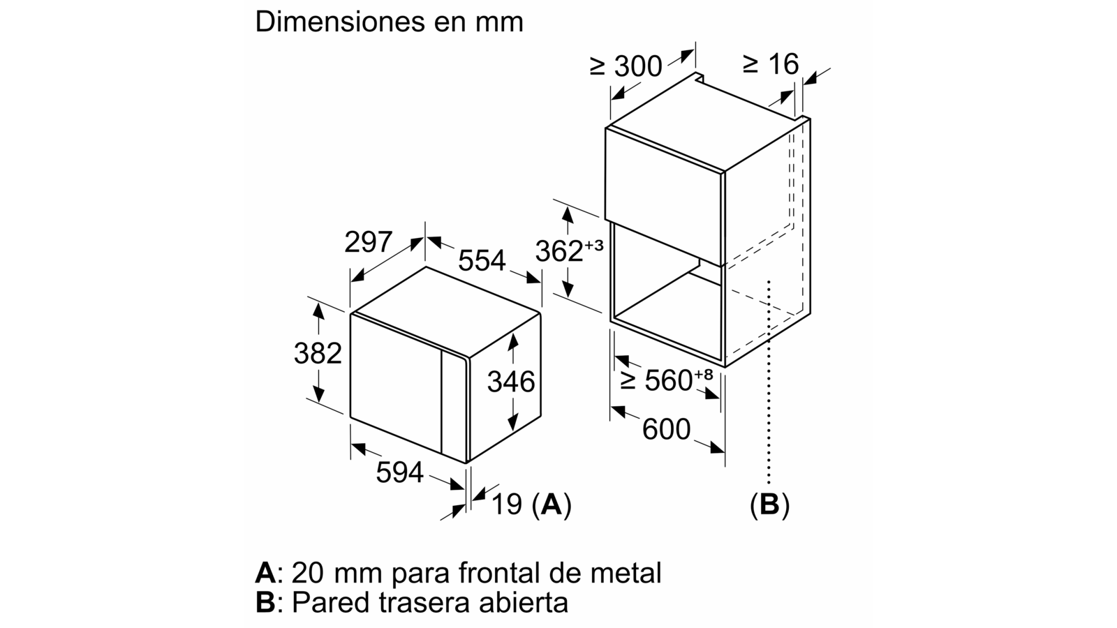 Dibujo técnico con dimensiones de una caja rectangular y otra adyacente con espacio abierto.