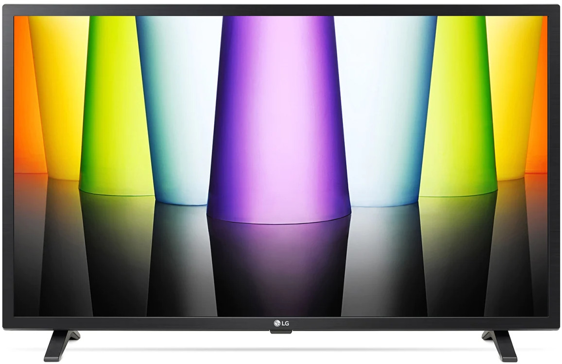 A TV screen with colorful cones reflected on a surface.