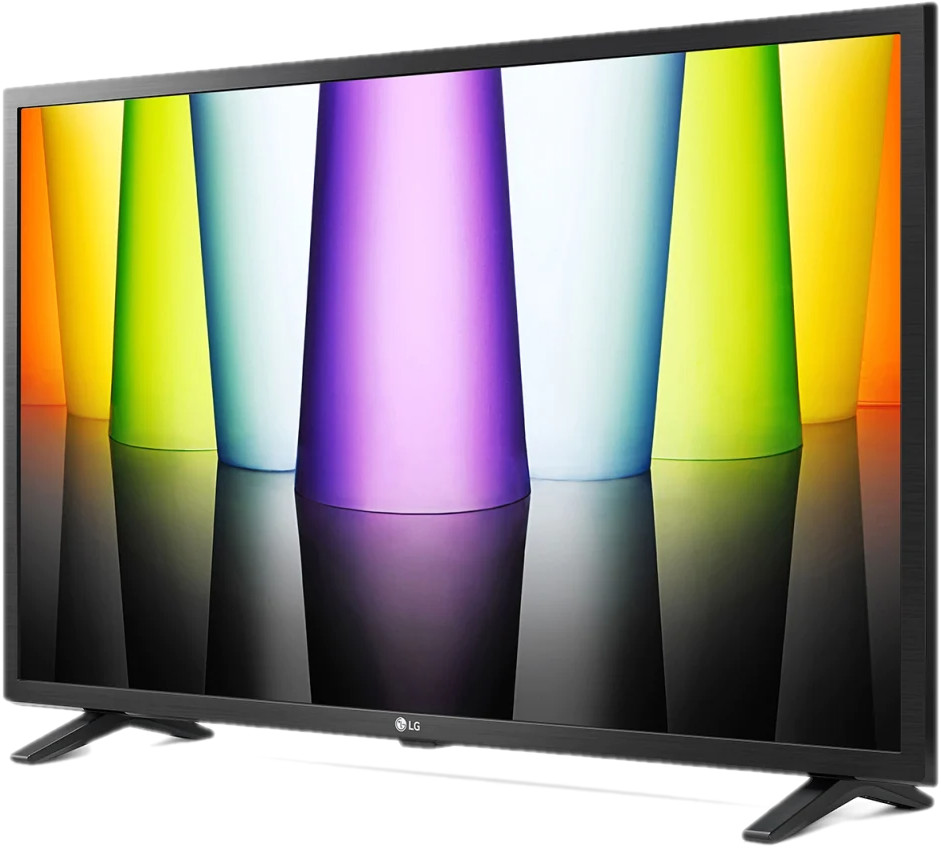 A black LG TV displaying a colorful abstract graphic.