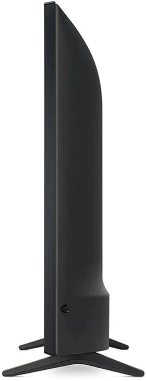 A slim, black television from the side. It is on a stand.