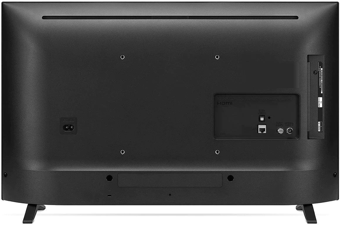 Back of a black LG TV with ports and connectors.
