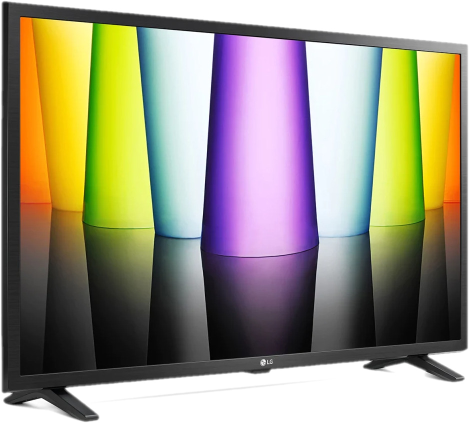 Black TV with colorful, abstract shapes on the screen. Black stands.