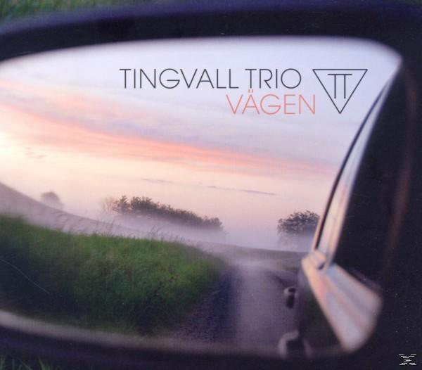 Spiegelreflexion einer Straße mit Bäumen und Himmel. Text: Tingvall Trio Vagen.
