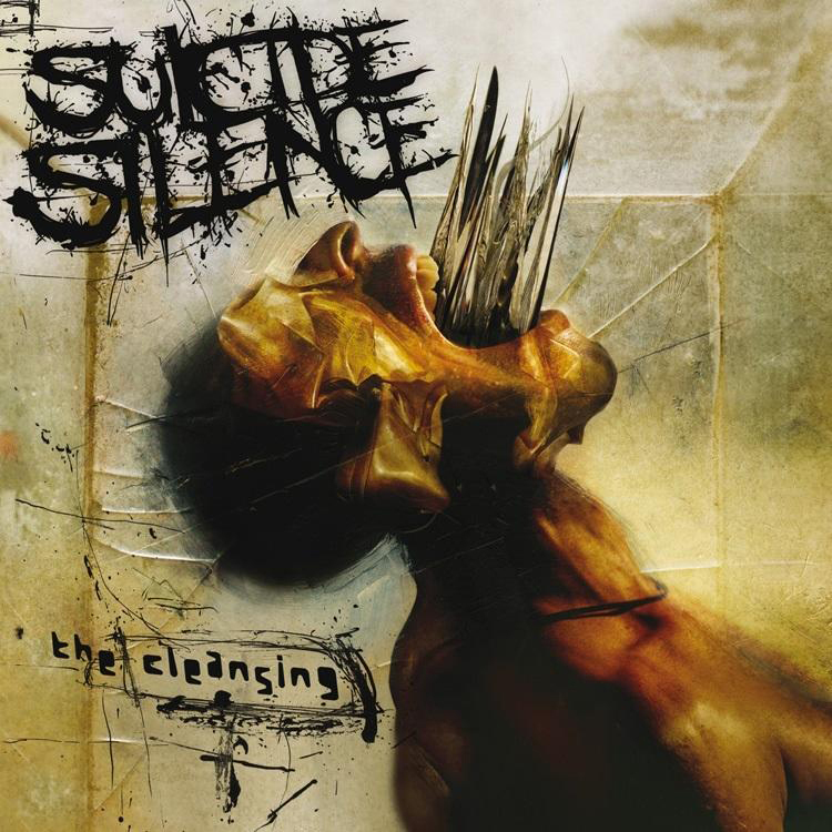 Albumcover, Suicide Silence. Verzerrtes Gesicht, Stacheln und Text: Suicide Silence, the cleansing.