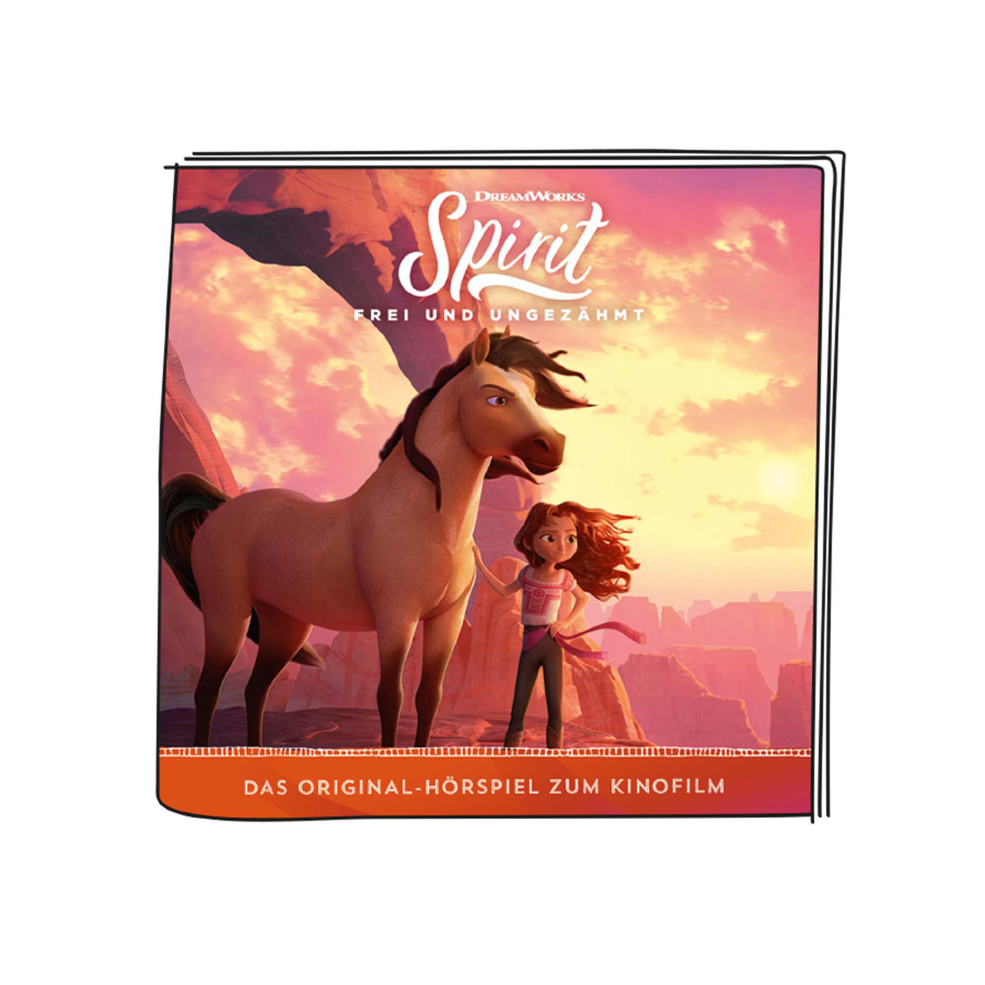 Cover eines DreamWorks Spirit-Buches. Ein Pferd und ein Mädchen stehen vor buntem Hintergrund.