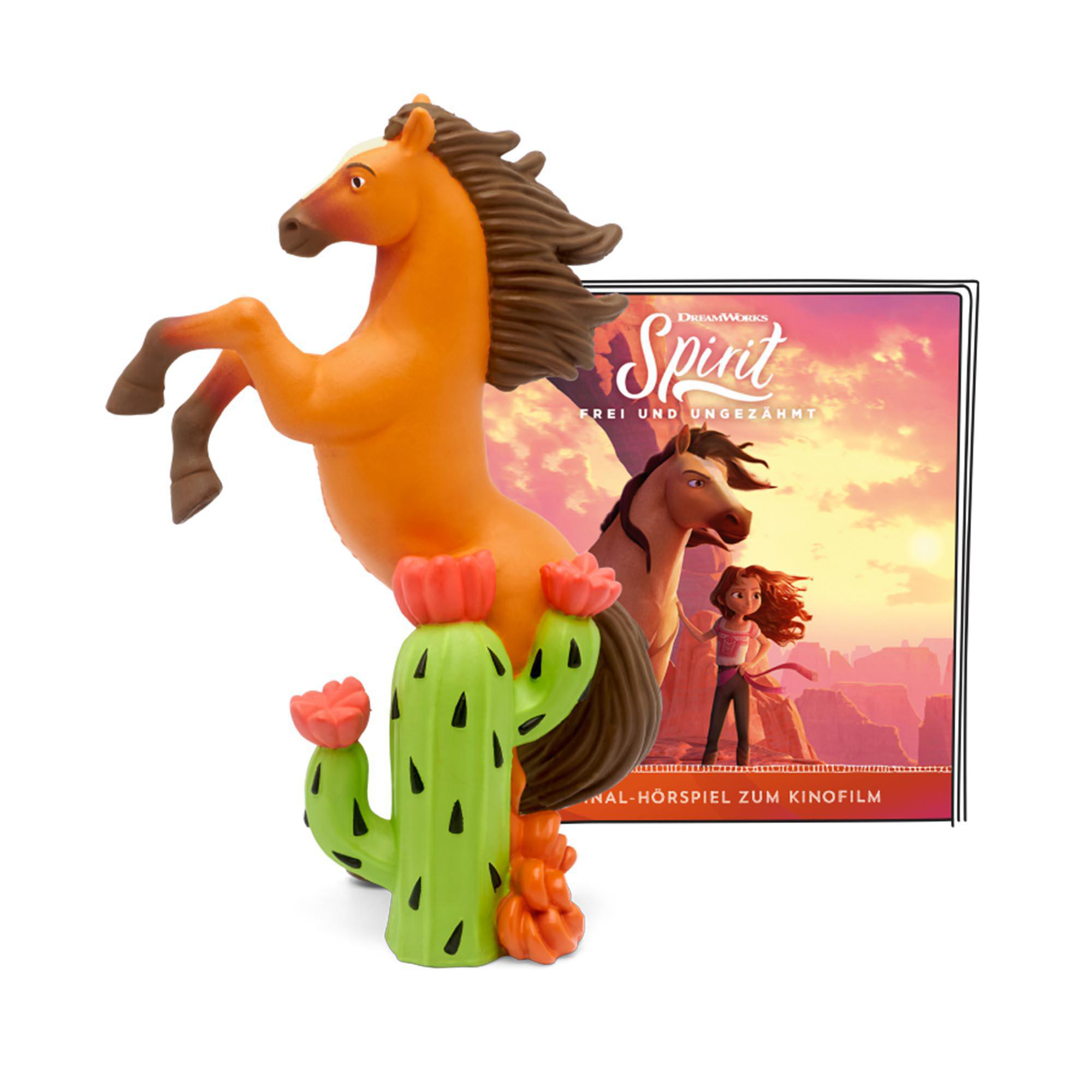 Spirit-Pferdefigur mit Kaktus und Hintergrundbild eines Pferdes und eines Mädchens.