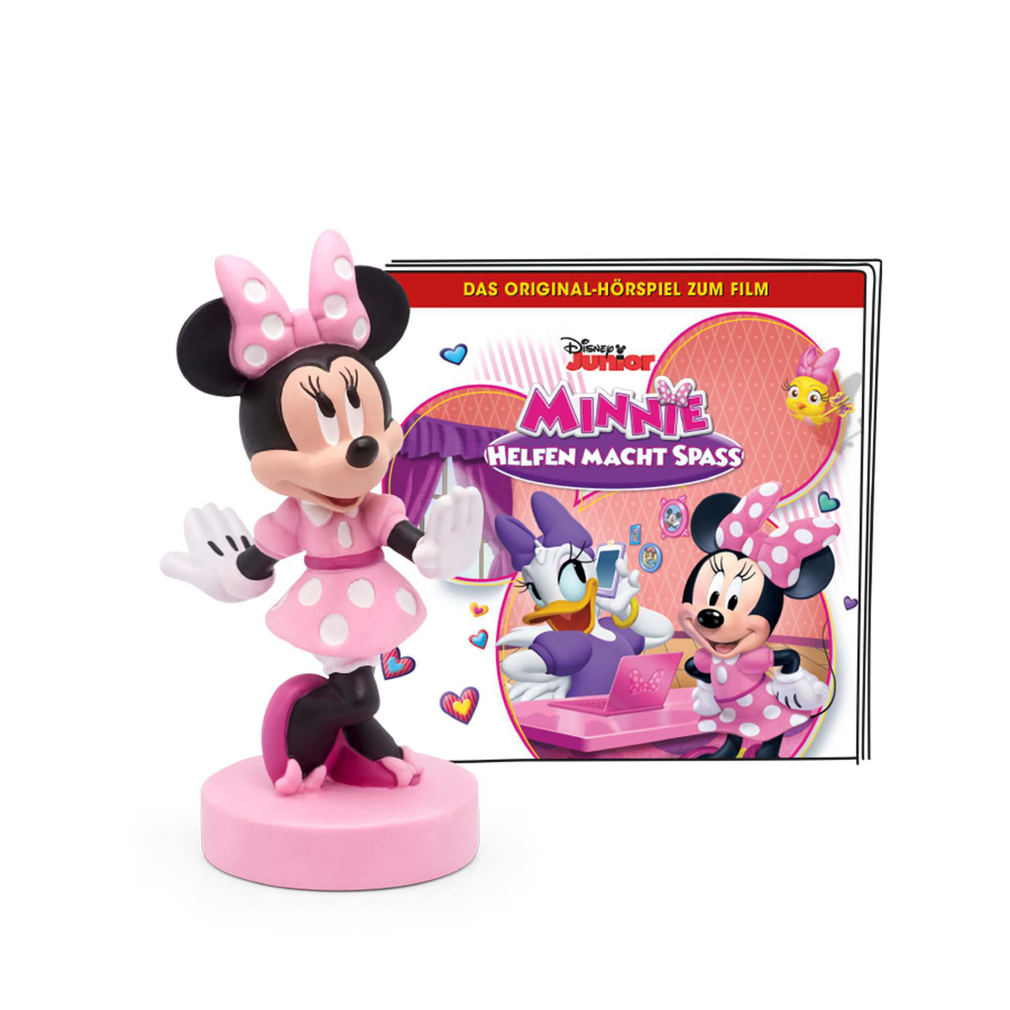 Minnie Mouse-Figur auf rosa Ständer mit Buchcover mit Minnie und Daisy.