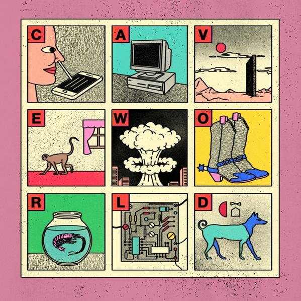Neuf panneaux avec diverses images : œil, ordinateur, soleil, singe, explosion, bottes, crevette, circuit, chien.