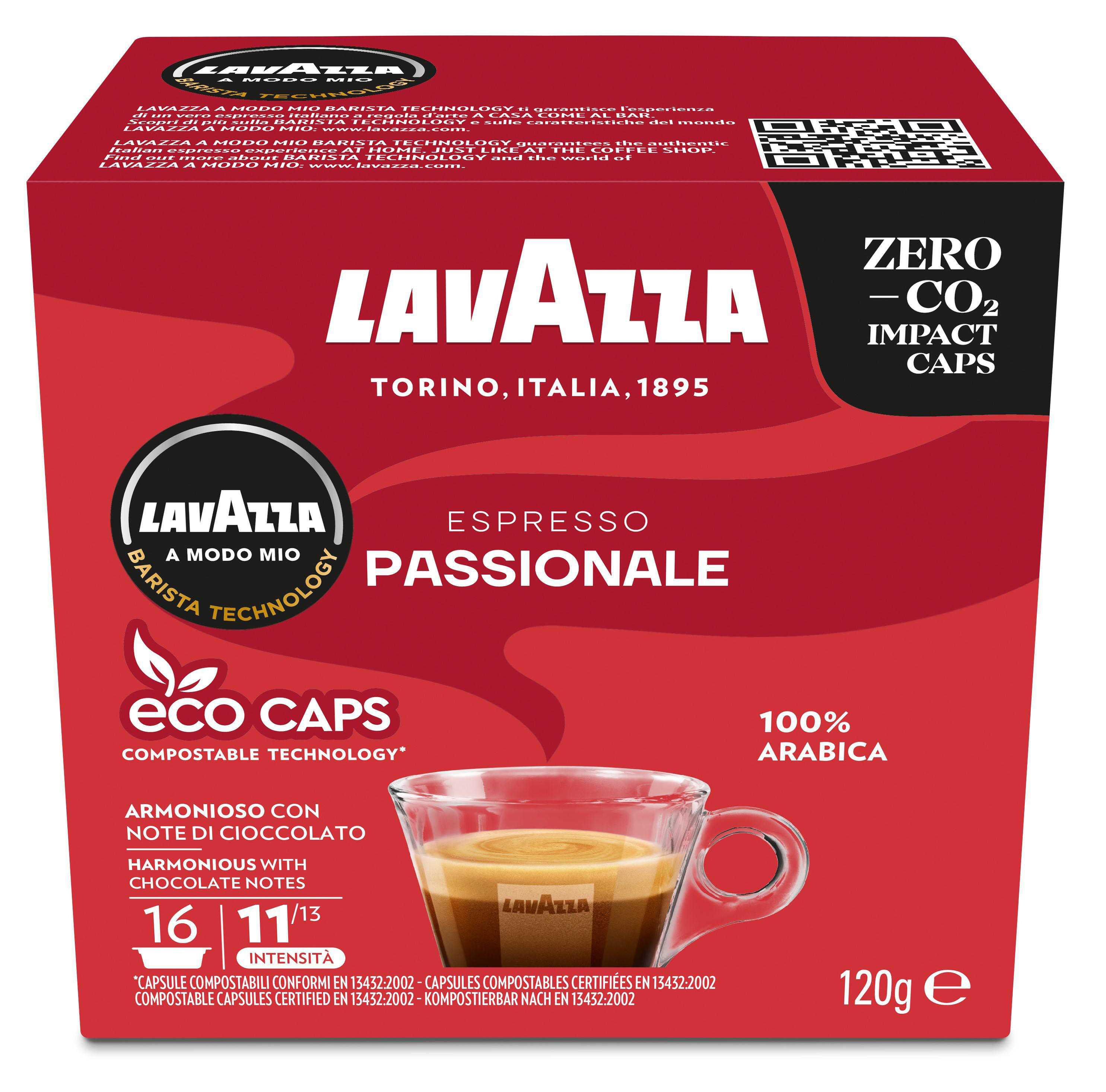 Lavazza Kaffeekapselbox mit einer Tasse Kaffee und Text, roter Hintergrund.