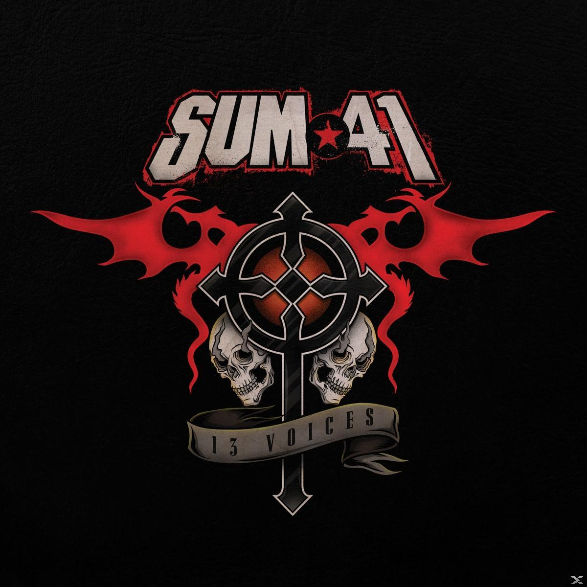 Sum 41 album borítója koponyákkal, kereszttel és a '13 Voices' felirattal fekete háttéren.