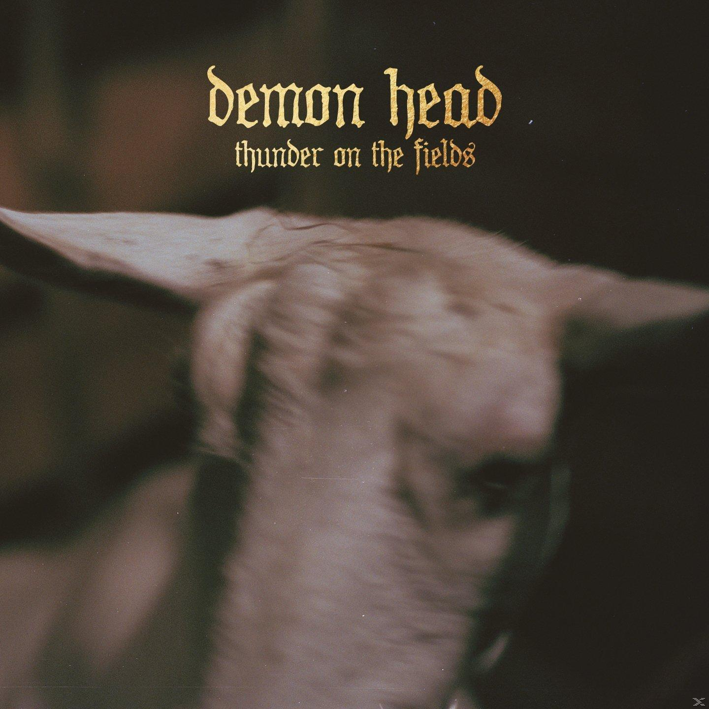 Arany "demon head thunder on the fields" felirat egy elmosódott kecskefej felett.