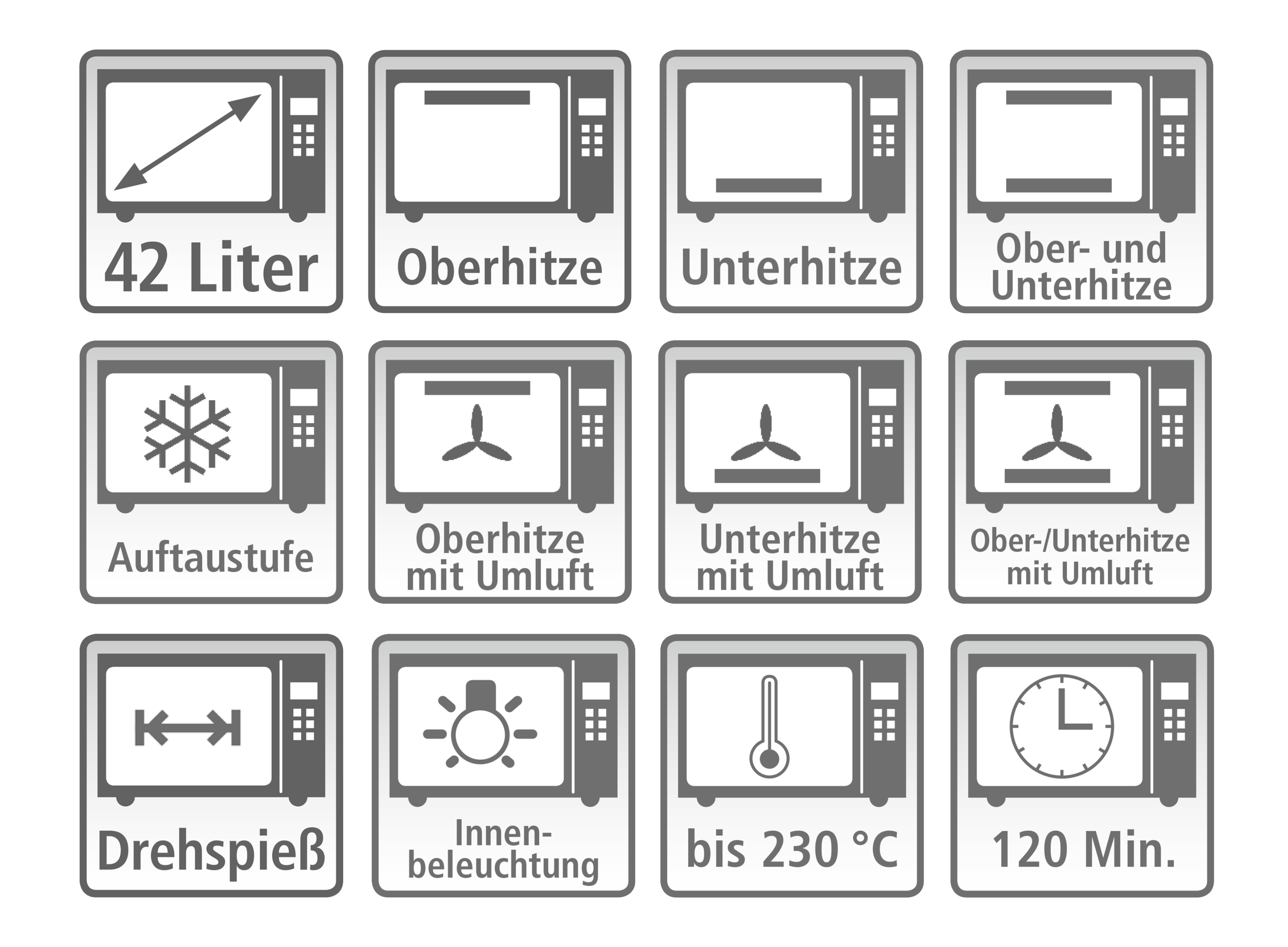 Symbole, die Mikrowellenfunktionen wie Größe, Heizoptionen und Funktionen detaillieren.